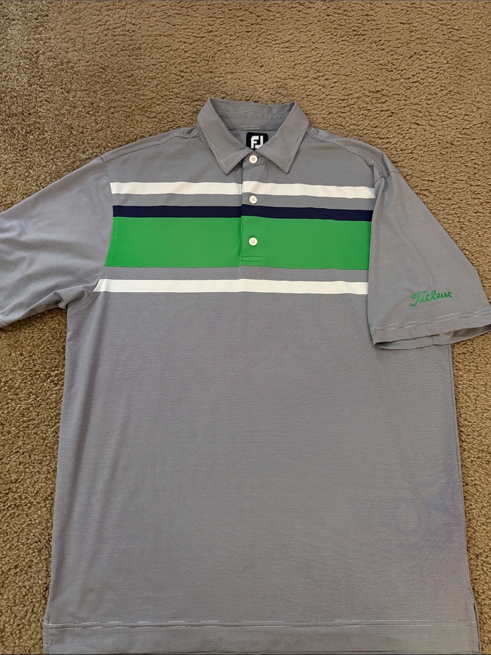 Footjoy Titleist sleeve Men’s Gray Polo with Green and Navy Chest Stripes
